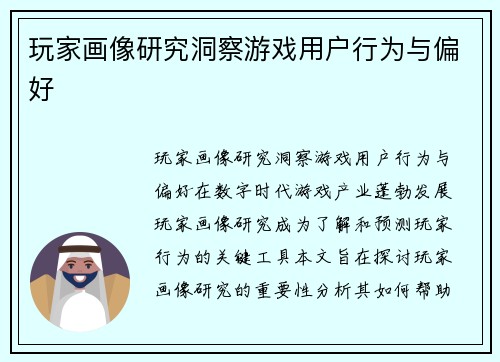 玩家画像研究洞察游戏用户行为与偏好